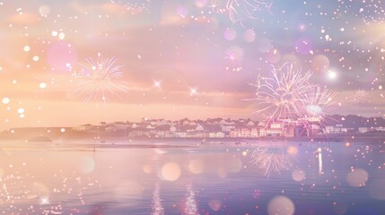 Fireworks burst in vibrant colors over a peaceful seaside town, reflecting on the calm water. The event fills the sky with joy during a warm summer evening