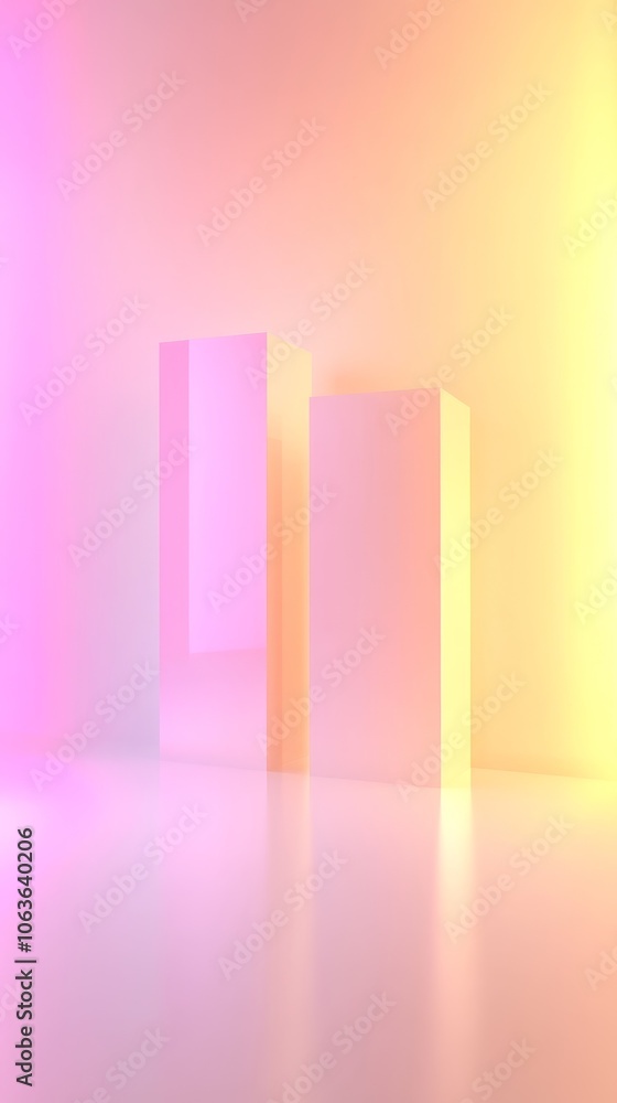 Poster abstract scene with two geometric shapes illuminated by soft pastel colors.