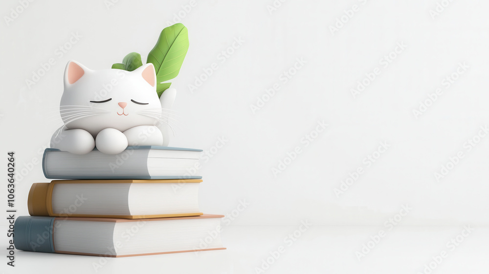 Poster cute cat napping peacefully on stack of colorful books, surrounded by green leaf, creating serene an