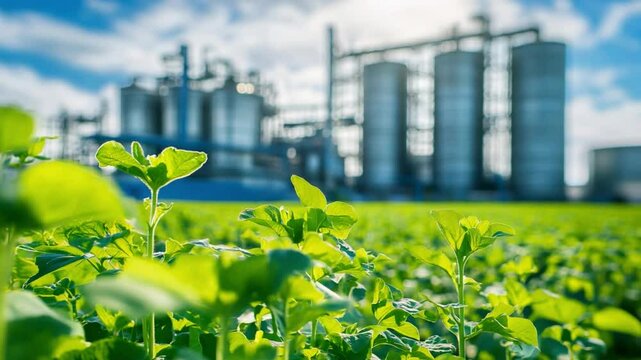 Green crops grow in the foreground with industrial silos in the background under a bright blue sky during daytime