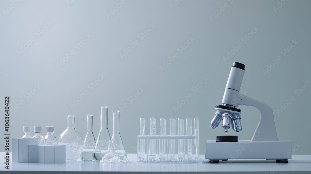 Poster a laboratory setup featuring a microscope and various glassware for scientific experimentation.