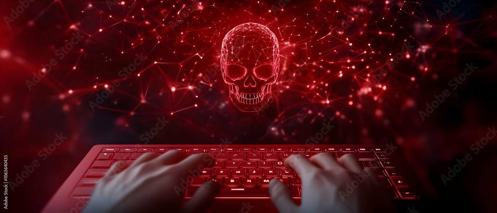 Poster hands typing on a keyboard with a digital skull graphic in a red glow, representing cybersecurity th