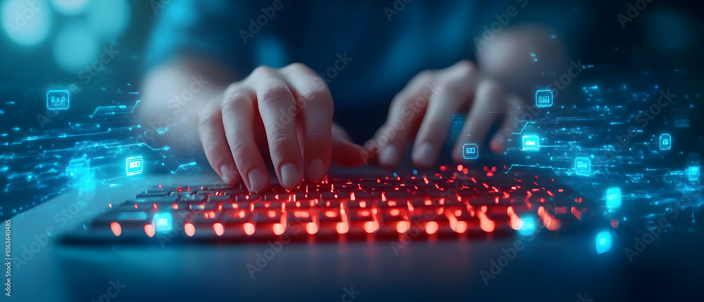 Poster hands typing on a modern keyboard with glowing red lights and digital effects.