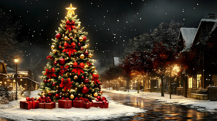 Obraz premium Snow Covered Christmas Tree Town 3D Illustration