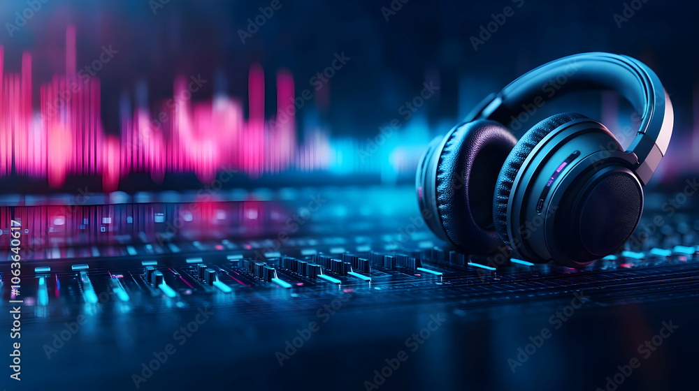 Poster high-quality headphones on a sound mixing desk with colorful audio waveforms in the background.