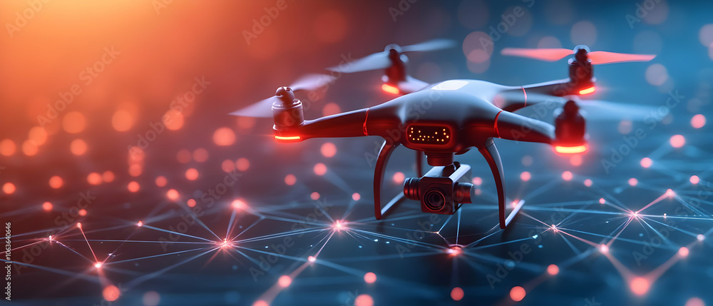 Poster high-tech drone with glowing lights against a digital network background.