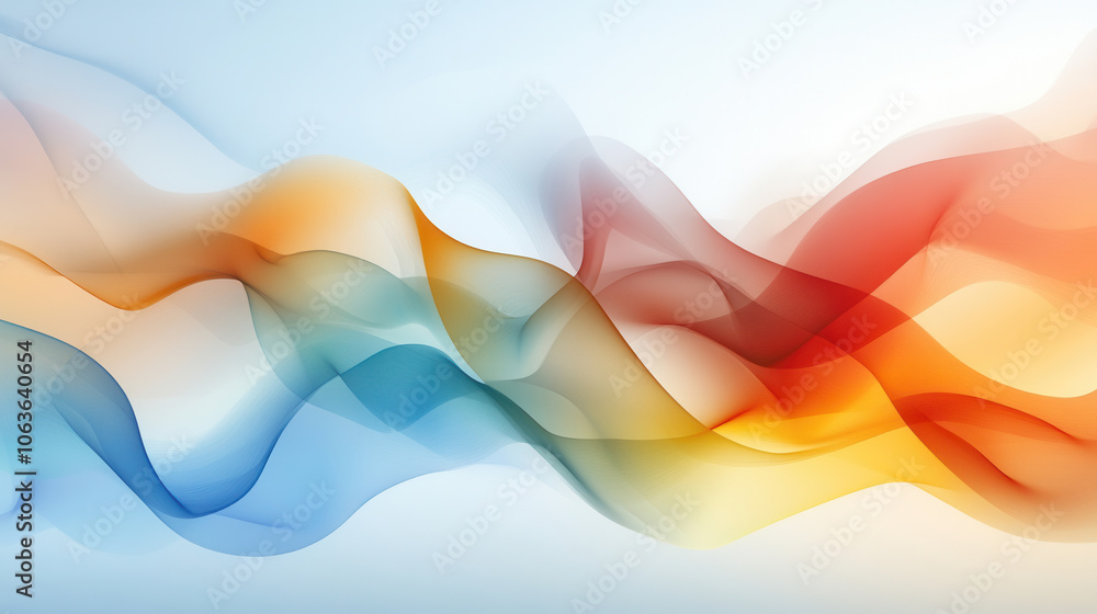 Poster vibrant digital landscape featuring swirling waves of color in blue, orange, and red, creating dynam