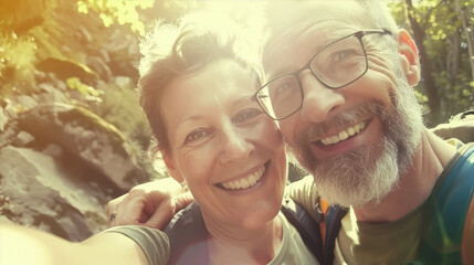 A middle-aged couple taking a selfie while hiking