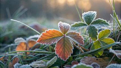 Frost-kissed strawberry leaves glistening in morning light, close-up nature photography, autumn colors