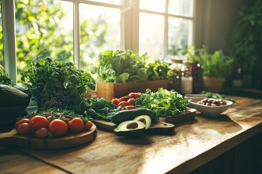A bright and welcoming kitchen filled with sunlight, featuring fresh tomatoes, avocados, and various greens on the wooden counter, promoting healthy living vibes.