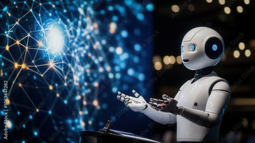 Poster humanoid robot presenting at tech conference, showcasing advanced technology and innovation. backgro