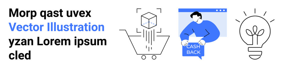 Shopping cart with cube, person highlighting cash back, lightbulb. Ideal for e-commerce, finance, innovation, marketing, product displays, business presentations, app design. Landing page