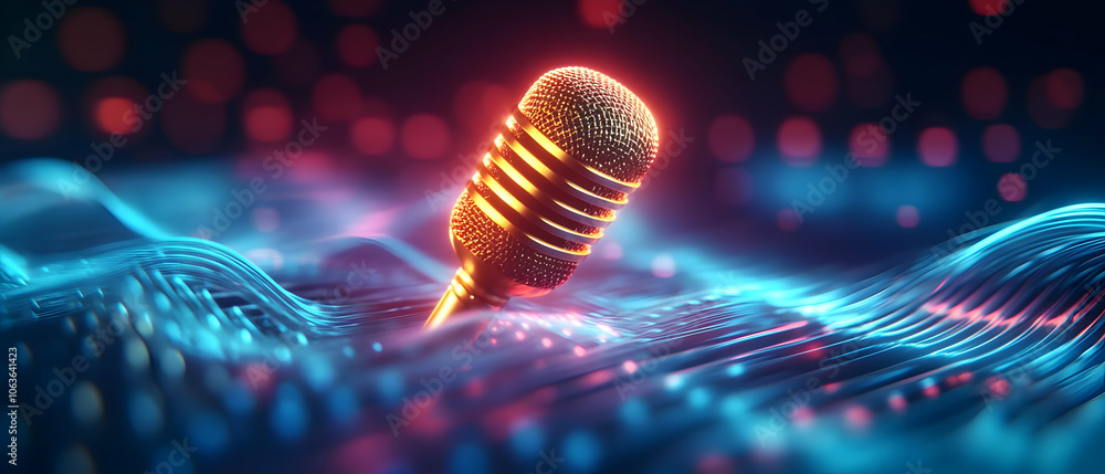 Poster microphone on abstract sound waves, colorful lights and patterns in the background