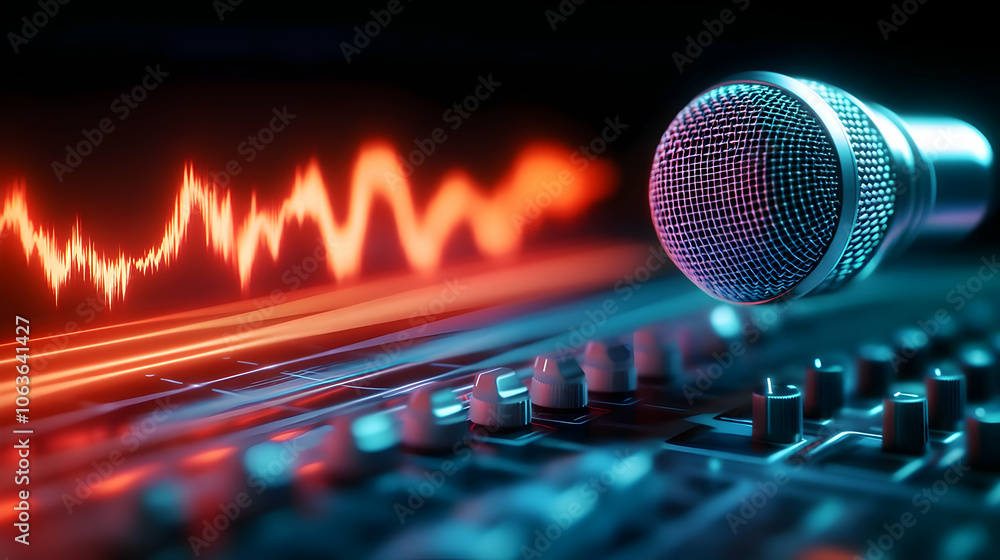 Poster microphone on a soundboard with colorful soundwave visualization in the background.
