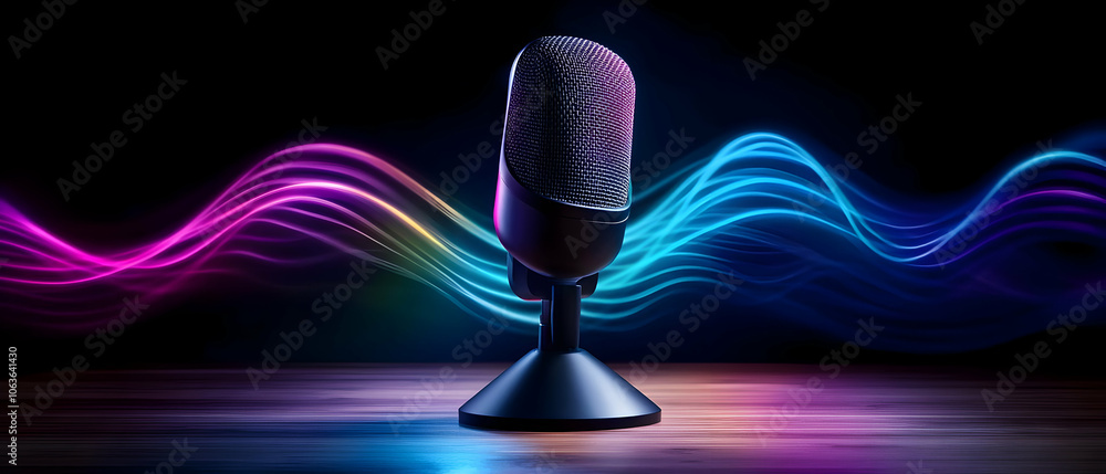 Poster microphone with colorful sound waves on a dark background, creating a dynamic audio atmosphere.
