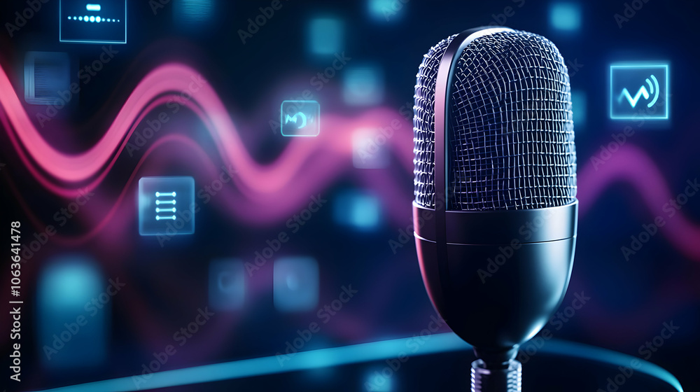 Poster microphone with digital sound wave graphics on a vibrant background.