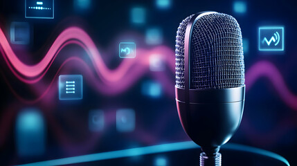 Microphone with digital sound wave graphics on a vibrant background.