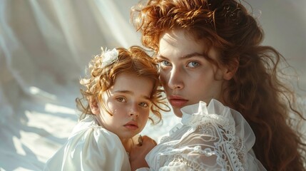 A mother and her young daughter, both with striking red hair, pose closely together. They wear delicate white dresses, their expressions soft and introspective