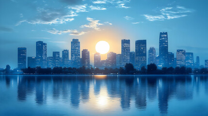 Fototapeta premium Cityscape at Sunset with Water Reflection - Realistic Image