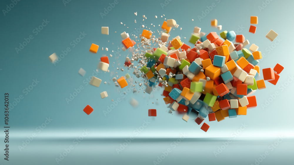 Poster colorful explosion of abstract cubes creating dynamic visual effect, showcasing vibrant hues and pla