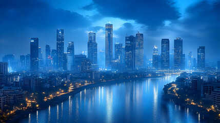 Fototapeta premium City Skyline at Night with River Reflection - Photographic Image