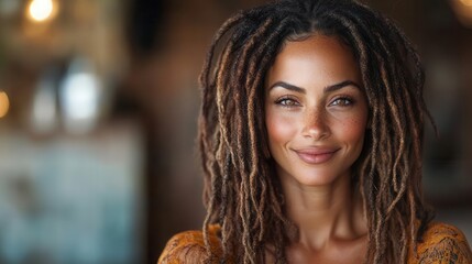Fototapeta premium mature woman with beautiful dreadlocks gazes warmly at the camera her smile radiating confidence and kindness set against a softly blurred background that enhances her inviting presence