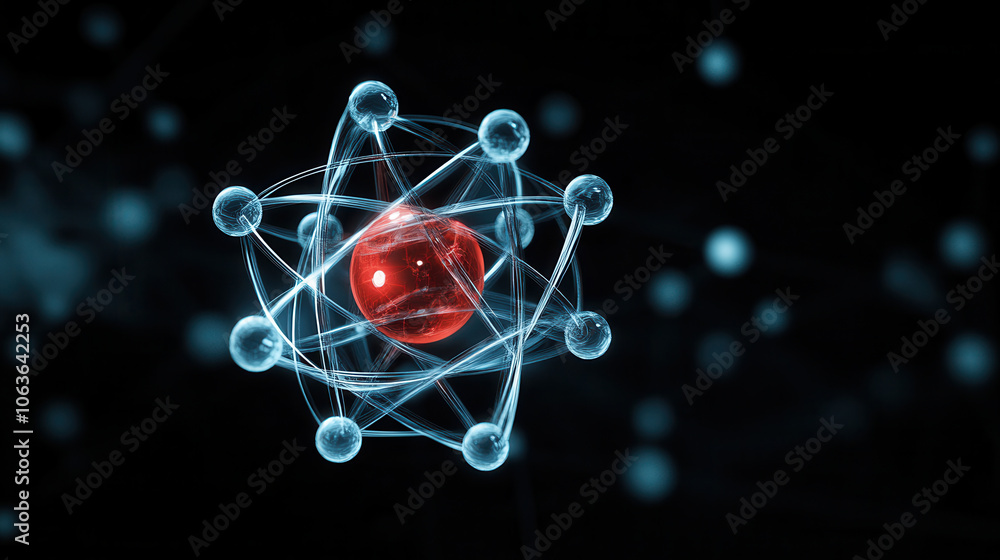 Poster visually captivating atomic structure with red nucleus and blue electrons, representing essence of s
