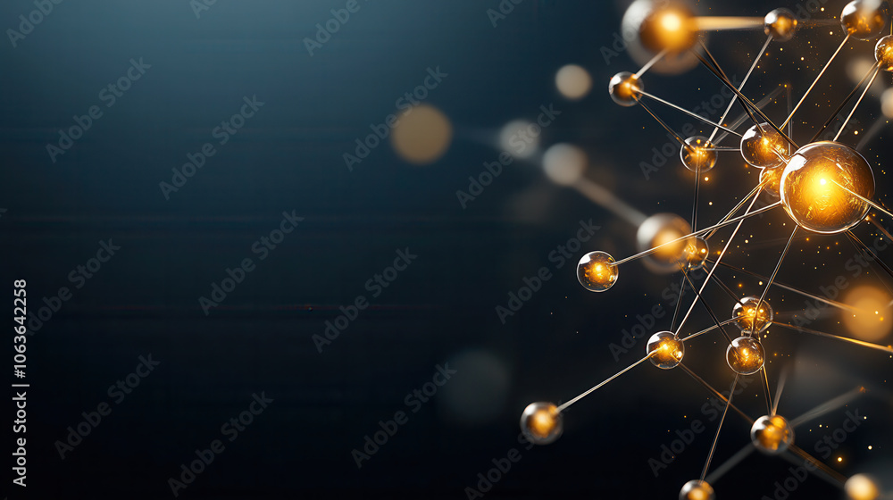 Poster visually captivating atomic structure with glowing golden spheres and connections, representing scie