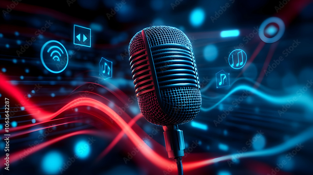 Poster modern microphone on digital background with sound waves and icons, representing audio technology an