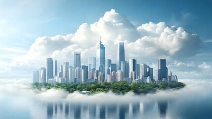 Fototapeta premium Cityscape Floating on Clouds - Illustration