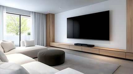 Fototapeta premium Modern living room with sleek furniture, large TV, and bright natural light from windows.