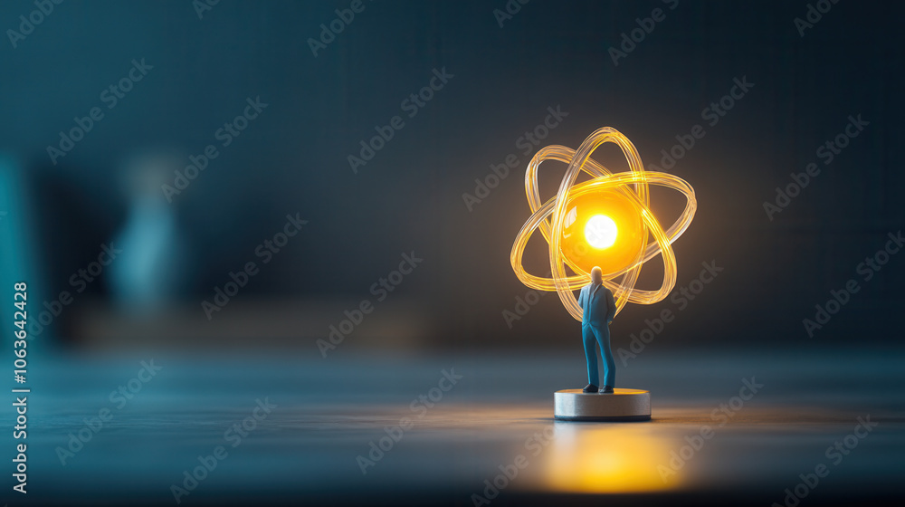 Poster miniature figure holds glowing atomic structure, symbolizing energy and science. warm light contrast