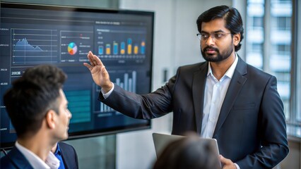 Obraz premium An Indian IT leader strategizing digital transformation initiatives, using visual data and analytics on a smartboard to guide team members. 
