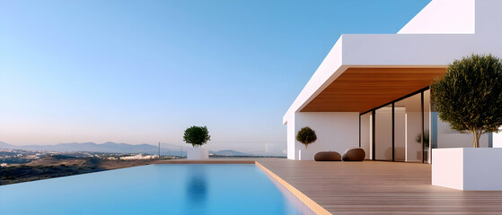 Obraz premium Modern villa with pool, stunning view, bright blue sky, minimalist design and elegant outdoor space.