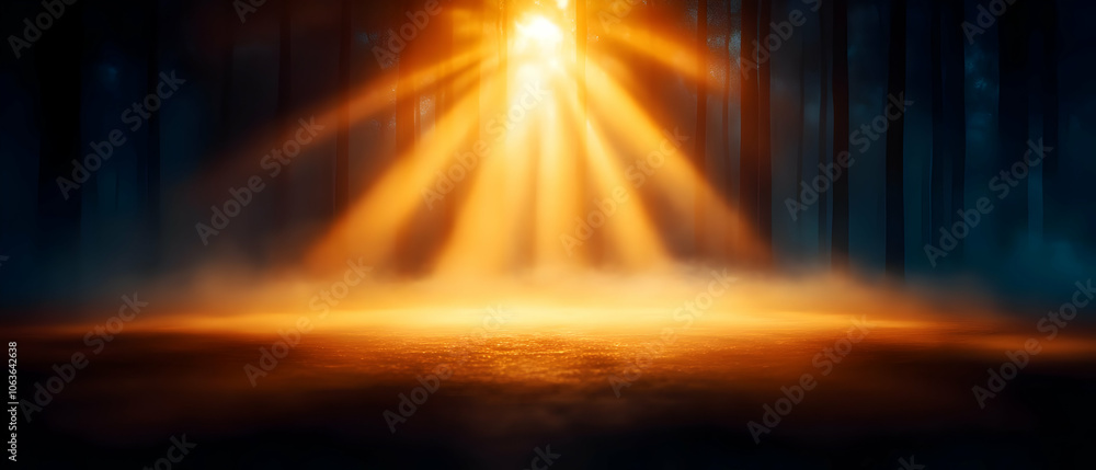 Poster mysterious light beams illuminating a dark forest, creating an enchanting atmosphere.