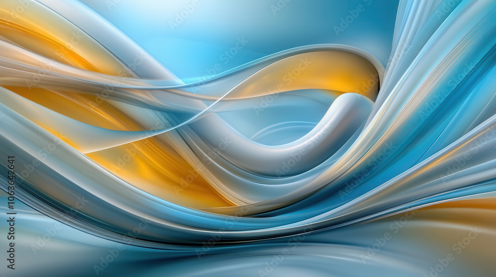 Poster fluid abstract design with smooth curves in blue and gold tones, creating sense of motion and tranqu