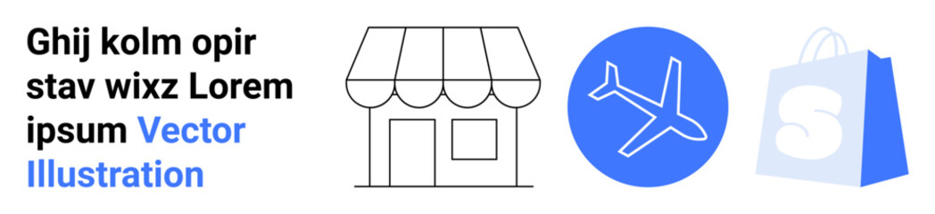 Set of icons representing a store, an airplane, and a shopping bag. Ideal for e-commerce, travel-related services, logistics, retail shops, and online shopping concepts. Landing page