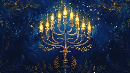 Fototapeta premium Elegant Hanukkah Greeting Card Design with Illustrated Menorah and Glowing Candles