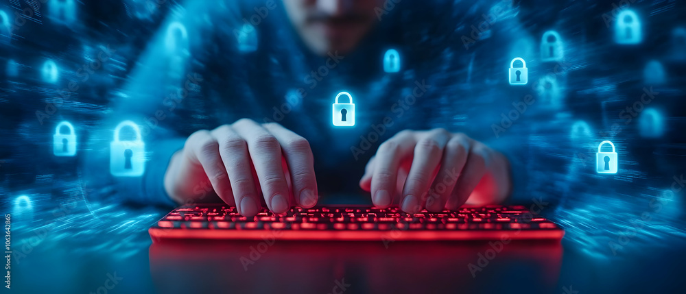Poster person typing on a red keyboard with glowing security icons in a digital environment.