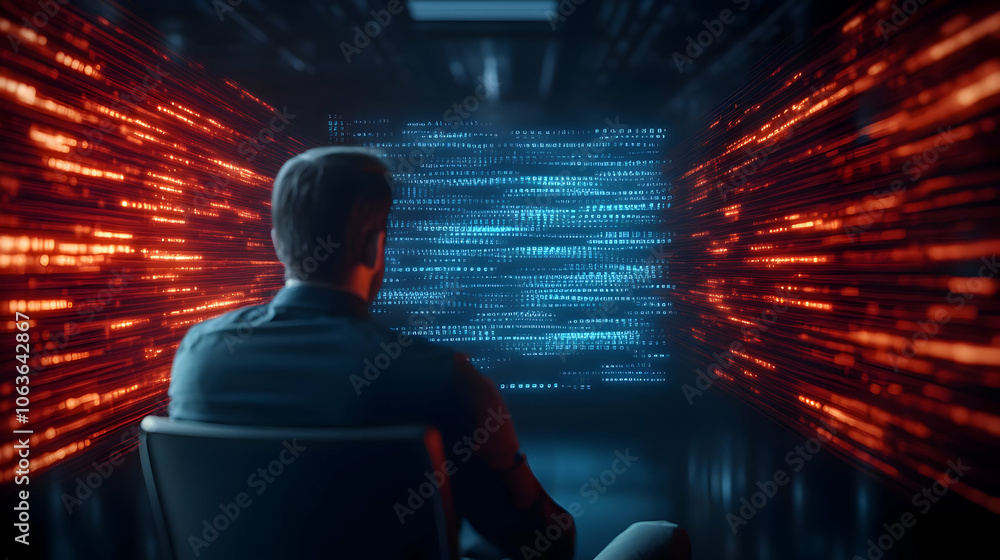 Poster person observing digital data streams in a futuristic environment with vivid colors.
