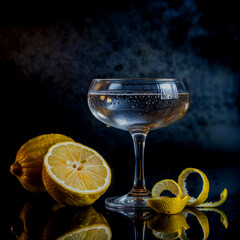 Green Lemon and Cocktail Glass on Dark Backdrop 