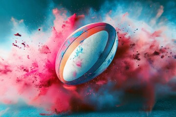 Rugby ball in motion with a vibrant cloud of pink and blue powder, creating a dynamic and energetic sports concept