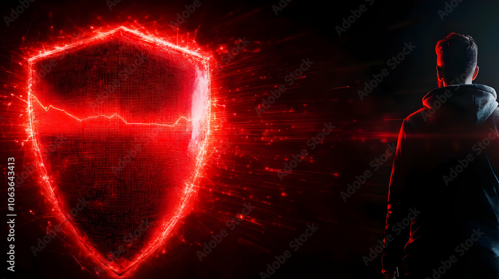 Poster silhouette of a person with a glowing red shield symbol representing security and protection.