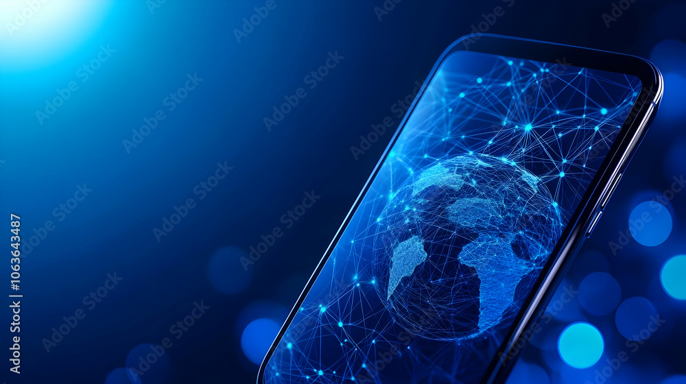 Poster smartphone displaying a digital world map with connected lines, glowing in blue light.