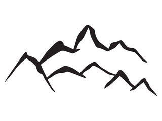Mountain landscape at sunset. Mountains silhouettes. Vector mountain hiking background. Collection of different mountain icons in flat style. Mountain range landscape. Rocks, mountains and hills set  