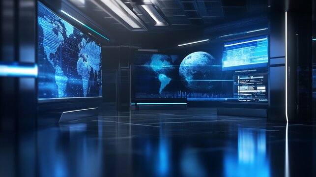 Elegant news studio background with a glowing digital globe, animated data streams, and futuristic lighting effects, creating a sleek and professional atmosphere.