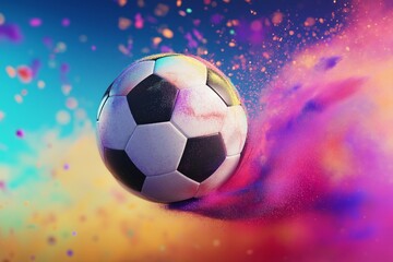 Fototapeta premium Soccer ball surrounded by vibrant color powder explosion on a gradient background. Sports celebration and action concept