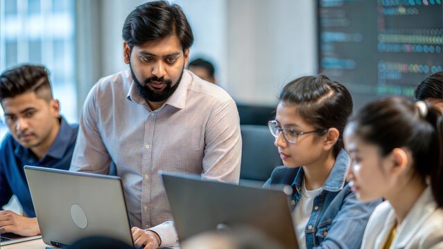 An Indian IT specialist teaching a coding bootcamp class, demonstrating coding skills to students.
