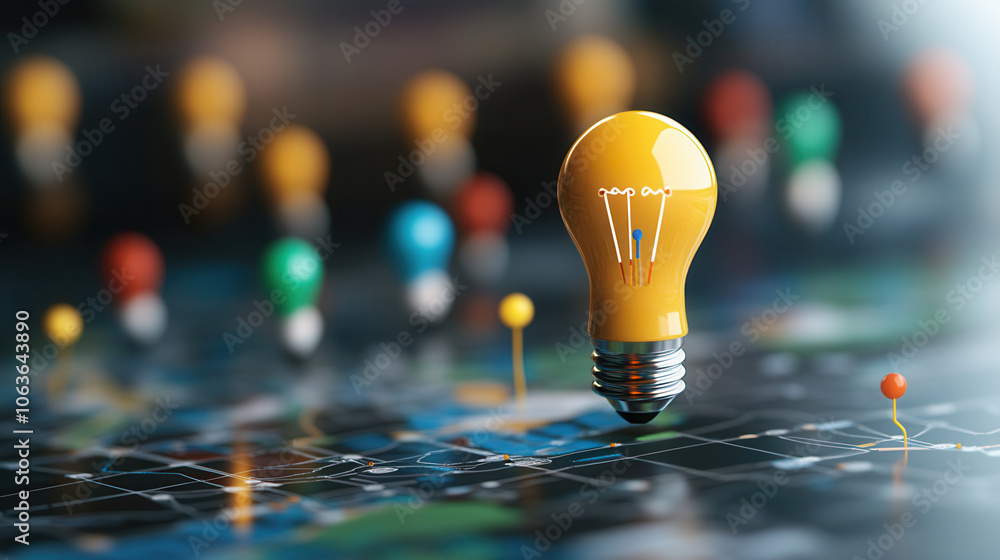 Poster 3d map marker designed as light bulb, symbolizing ideas and innovation, stands out against colorful 