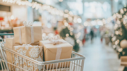 Shopping cart filled with wrapped gifts in Christmas, New Year festive store background, Black Friday sale